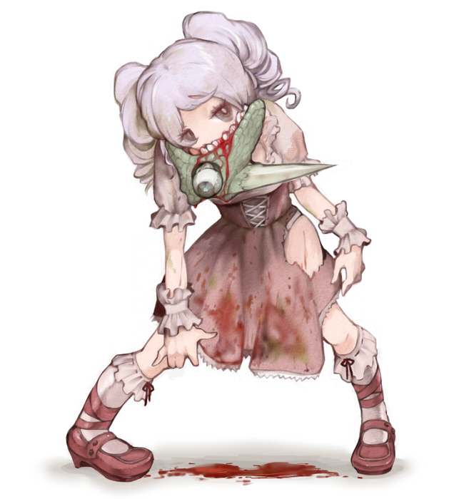 1girl black_eyes blood blood_on_clothes bobby_socks brown_dress commentary_request corset dress drill_hair frilled_dress frilled_sleeves frilled_wrist_cuffs frills full_body grey_hair looking_at_viewer original panties panty_peek pigeon-toed puffy_short_sleeves puffy_sleeves red_footwear sakutake_(ue3sayu) severed_head short_sleeves simple_background socks solo standing torn_clothes torn_dress twin_drills underwear white_background white_socks wrist_cuffs