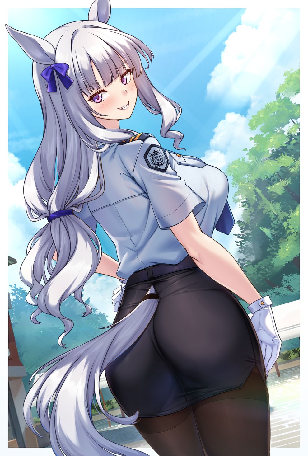 1girl alternate_costume animal_ears ass black_pantyhose black_skirt blue_necktie blue_shirt blunt_bangs bow breasts cowboy_shot drill_hair drill_sidelocks dutch_angle ear_bow from_behind gloves gold_ship_(umamusume) grey_hair grin hand_on_own_hip highres horse_ears horse_girl horse_tail impossible_clothes impossible_skirt light_rays long_hair looking_at_viewer looking_back low-tied_long_hair miniskirt necktie outdoors pantyhose park pencil_skirt police police_uniform policewoman purple_eyes shirokuma_a shirt short_sleeves sidelocks skirt smile solo sunbeam sunglasses sunlight tail thighband_pantyhose umamusume uniform white_gloves