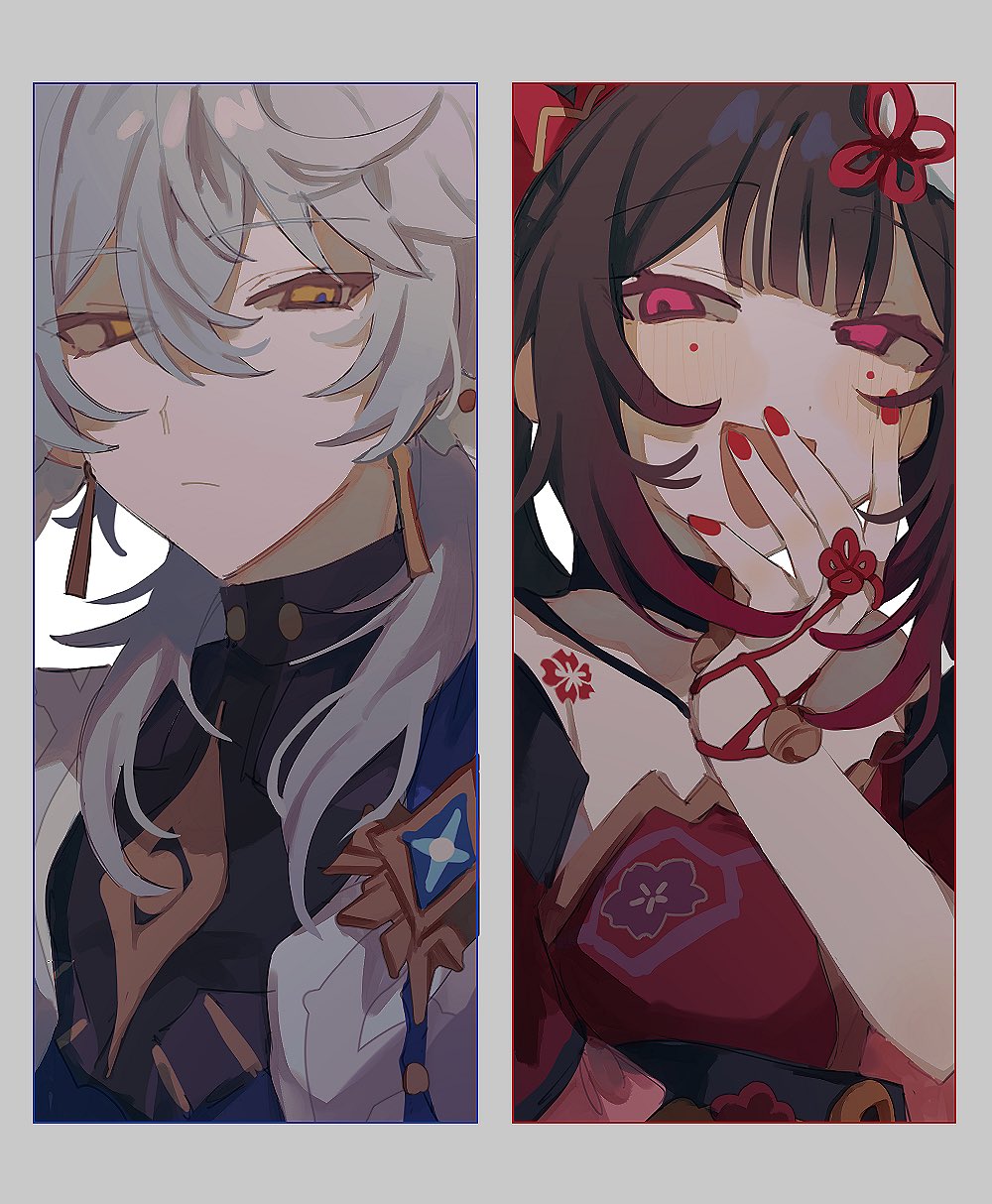 1boy 1girl :d black_shirt border brown_hair closed_mouth dress earrings fox_mask frown gradient_hair hand_to_own_mouth highres honkai:_star_rail honkai_(series) inagoinaire jewelry long_hair looking_at_viewer mask mask_on_head medium_hair multicolored_hair nail_polish open_mouth orange_eyes pink_eyes red_dress red_hair red_nails shirt sidelocks sleeveless sleeveless_dress smile sparkle_(honkai:_star_rail) sunday_(honkai:_star_rail) tassel tassel_earrings twintails white_border white_hair