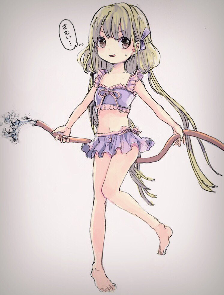 1girl barefoot bikini bikini_skirt blonde_hair blush brown_eyes comeco flat_chest frilled_bikini_top full_body futaba_anzu hose idolmaster idolmaster_cinderella_girls long_hair looking_at_viewer low_twintails navel parted_lips purple_bikini solo swimsuit twintails very_long_hair water