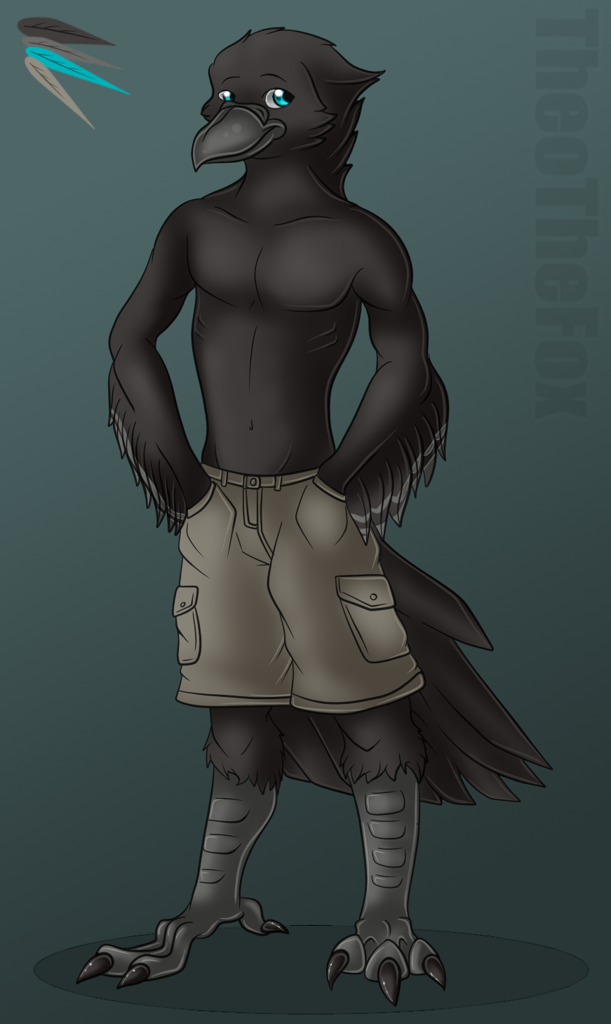 anthro avian beak biped bird claws clothed clothing corvid digital_media_(artwork) digitigrade_legs dikaios feathered_arms feathers hi_res male markings model_sheet raven shorts simple_background smile solo theothefox topless wing_markings