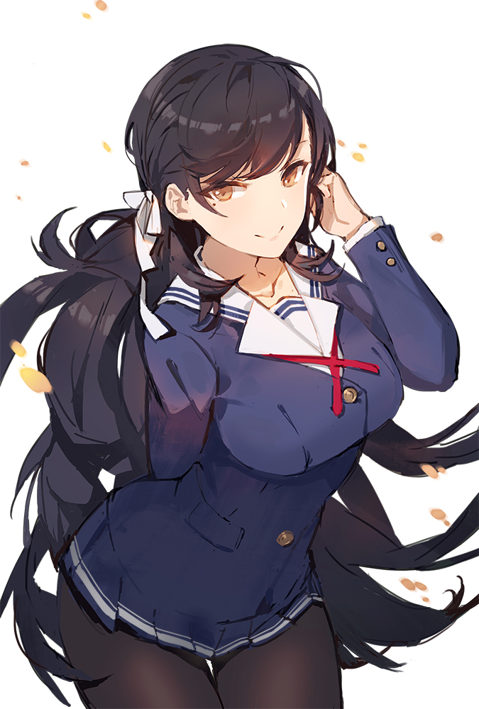 arm_behind_back atago_(azur_lane) azur_lane black_hair black_legwear breasts brown_eyes cosplay kasumigaoka_utaha kasumigaoka_utaha_(cosplay) kayano_ai kishiyo large_breasts long_hair looking_at_viewer mole mole_under_eye pantyhose saenai_heroine_no_sodatekata school_uniform seiyuu_connection serafuku smile solo very_long_hair