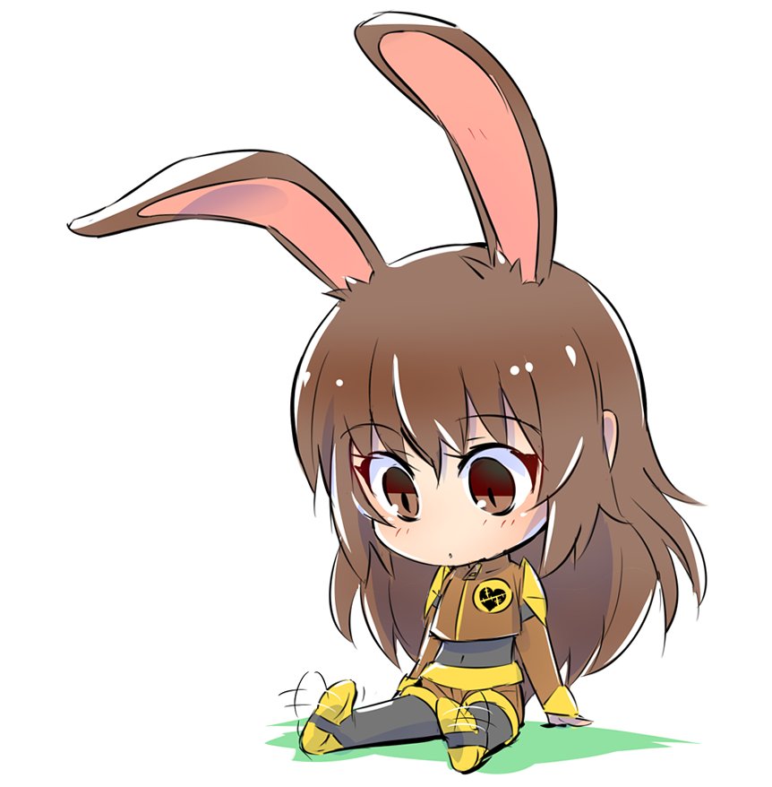 afterimage animal_ears arm_support bangs boots brown_eyes brown_hair bunny_ears bunny_girl chibi eyebrows_visible_through_hair iesupa long_hair long_sleeves looking_down parted_lips rwby rwby_chibi simple_background sitting slit_pupils solo thigh_boots thighhighs velvet_scarlatina white_background