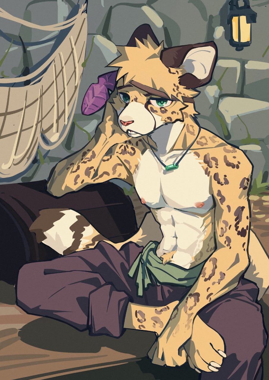 anthro cheetah clothed clothing dungeons_and_dragons felid feline hasbro hi_res male mammal net pirate rakkasei solo tabaxi tired topless topless_male wizards_of_the_coast xomiau