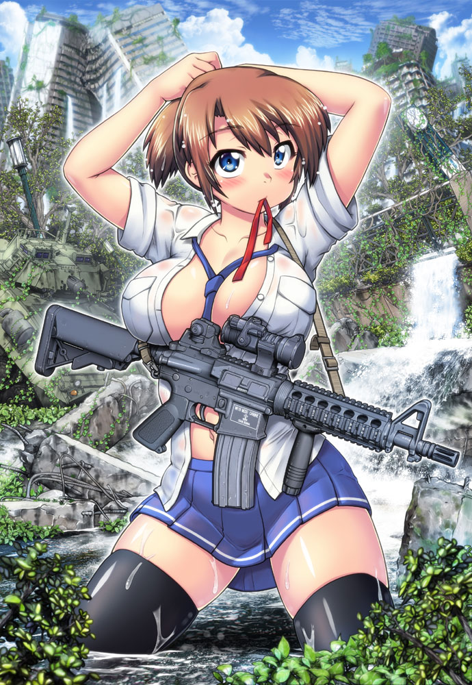 1girl abandoned arms_up assault_rifle black_thighhighs blue_eyes blush breasts brown_hair building city gun hase_yu large_breasts long_hair looking_at_viewer mouth_hold open_clothes open_shirt original outdoors partially_submerged ponytail post-apocalypse rifle ruins shirt solo thighhighs weapon white_shirt