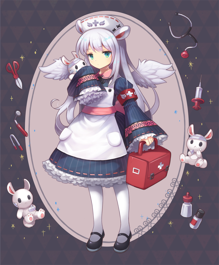 1girl angel_wings animal animal_ears apron aqua_eyes armband bandages black_footwear blue_dress bottle bow box circular_border dress dropper expressionless feathered_wings first_aid_kit frilled_dress frilled_sleeves frills full_body grey_hair hat holding holding_animal holding_box lolita_fashion long_hair lunaticmed mary_janes nurse nurse_cap original patterned_background rabbit rabbit_ears scissors shoes sleeves_past_fingers sleeves_past_wrists sparks stethoscope syringe tearing_up thighhighs two-tone_background waist_bow white_apron white_thighhighs wings