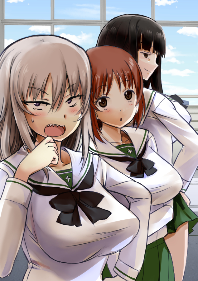 3girls black_neckerchief blouse blue_eyes brown_eyes brown_hair girls_und_panzer green_skirt itsumi_erika long_hair long_sleeves multiple_girls nabeyu neckerchief nishizumi_miho nishizumi_shiho ooarai_school_uniform open_mouth pleated_skirt school_uniform serafuku shirt short_hair skirt standing