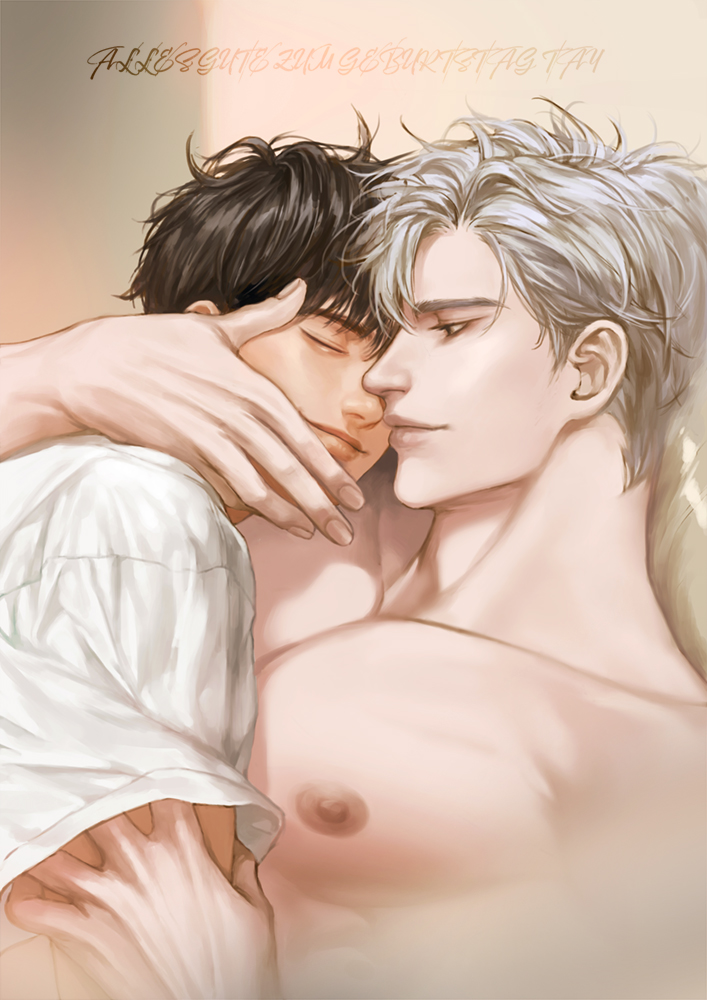 2boys brown_hair closed_eyes closed_mouth collarbone german_text hand_on_another's_face hand_under_clothes hand_under_shirt ilay_riegrow indoors jeong_taeui korean_commentary male_focus multiple_boys muscular muscular_male neaeheu nipples passion_(manhwa) pectorals shirt short_hair sleeping sleeping_on_person tan white_hair white_shirt yaoi