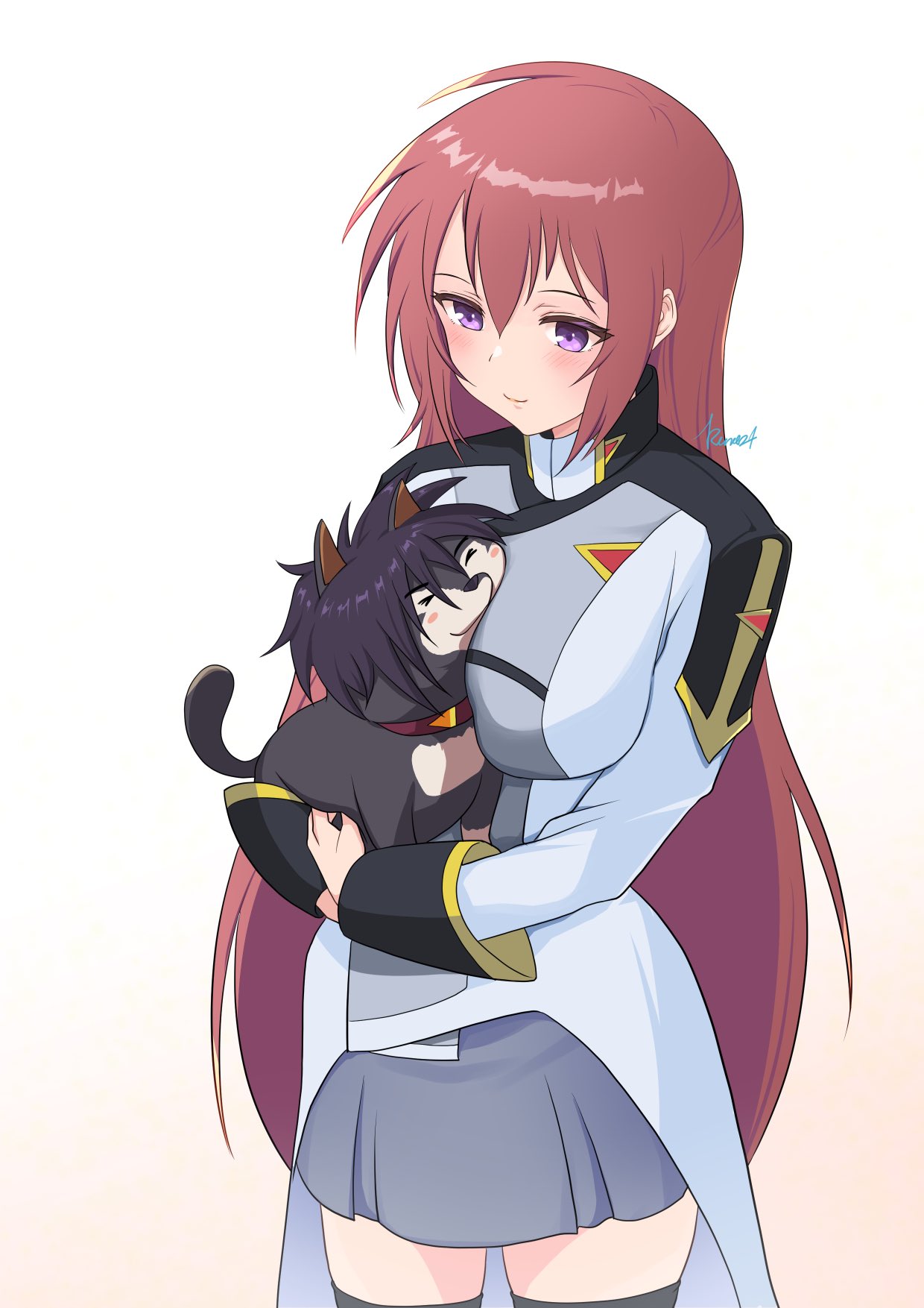 1girl animal animal_ears animalization blush breasts brown_hair closed_eyes closed_mouth dog dog_ears dog_tail genderswap genderswap_(mtf) gundam gundam_seed gundam_seed_freedom highres holding holding_animal holding_dog kira_yamato large_breasts long_hair military military_uniform puppy purple_eyes ru-ne shinn_asuka smile tail uniform