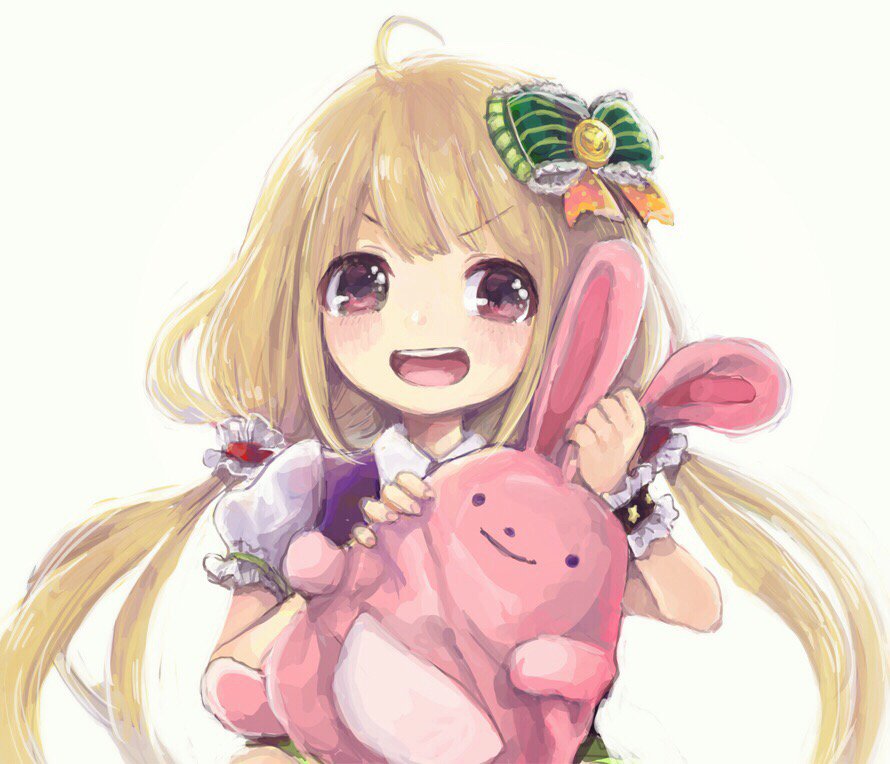 1girl ahoge blonde_hair blush bow brown_eyes comeco futaba_anzu hair_bow holding holding_stuffed_toy idolmaster idolmaster_cinderella_girls long_hair looking_at_viewer low_twintails open_mouth puffy_short_sleeves puffy_sleeves shirt short_sleeves simple_background smile solo stuffed_animal stuffed_rabbit stuffed_toy twintails upper_body white_background wrist_cuffs