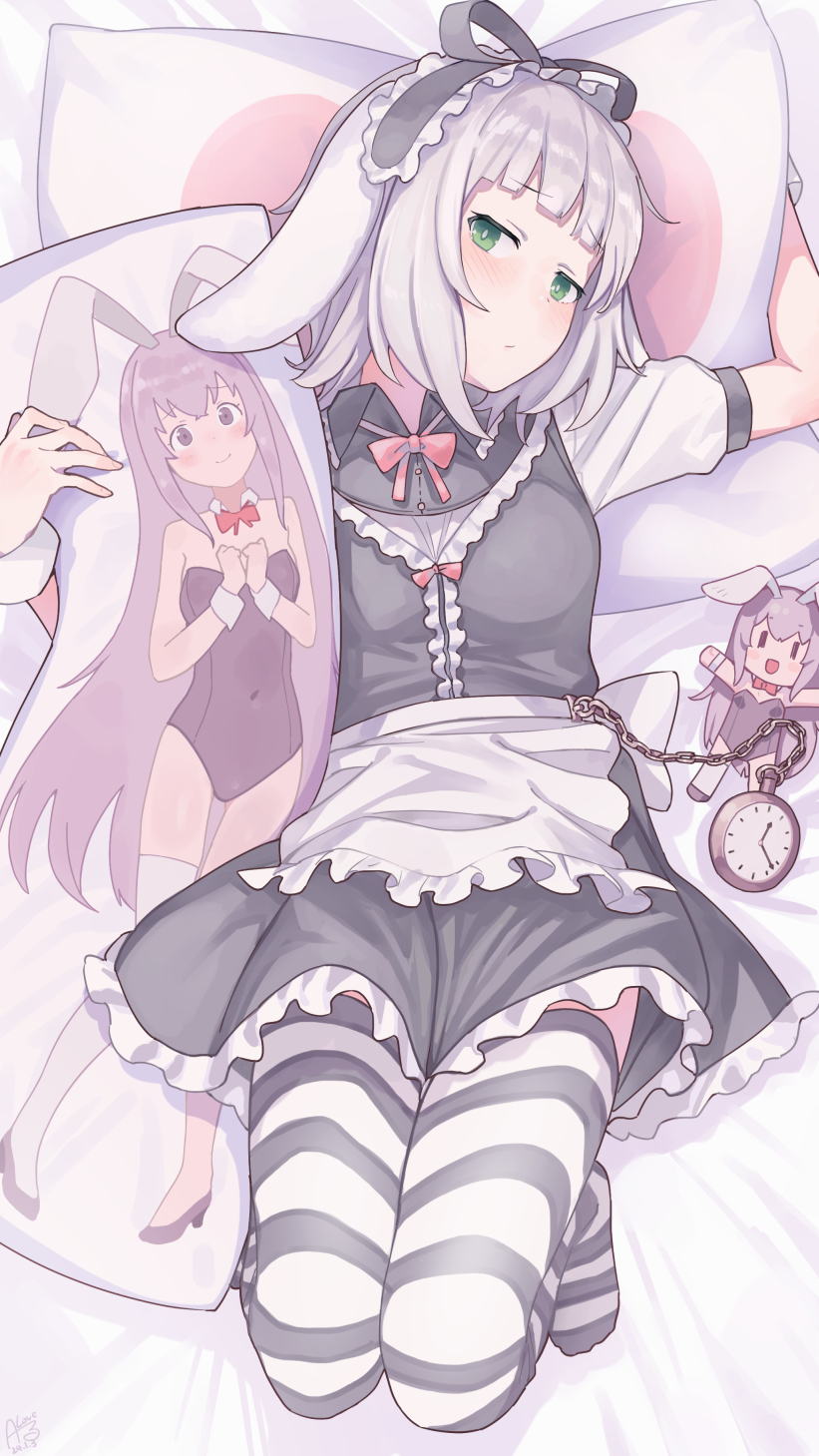 1girl animal_ears apron black_dress black_thighhighs blush breasts character_print closed_mouth commentary_request commission dakimakura_(object) dress erina_(rabi-ribi) green_eyes highres irisu_(rabi_ribi) knees_up paid_reward_available pillow puffy_short_sleeves puffy_sleeves rabbit_ears rabbit_girl rabi-ribi rkrk short_dress short_hair short_sleeves skeb_commission small_breasts solo striped_clothes striped_thighhighs thighhighs waist_apron white_apron white_hair white_thighhighs