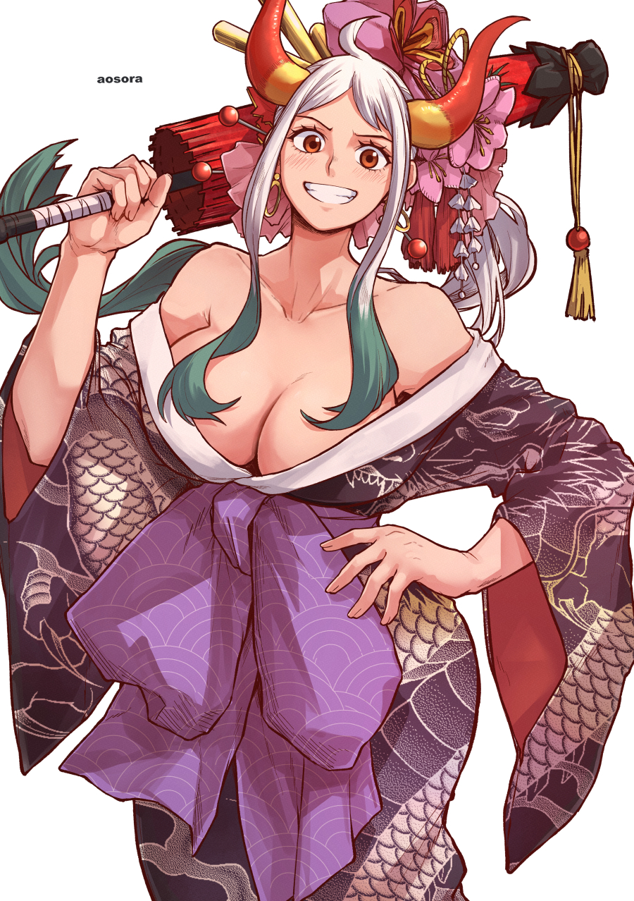 1girl alternate_costume aosora2823 artist_name bare_shoulders black_kimono blush breasts cleavage clenched_teeth collarbone commentary_request dragon_print earrings flower gradient_hair green_hair hand_on_own_hip highres holding holding_umbrella hoop_earrings horns japanese_clothes jewelry kimono large_breasts long_hair looking_at_viewer multicolored_hair oil-paper_umbrella one_piece pink_flower print_kimono red_horns simple_background smile solo teeth umbrella white_background white_hair wide_sleeves yamato_(one_piece) yukata