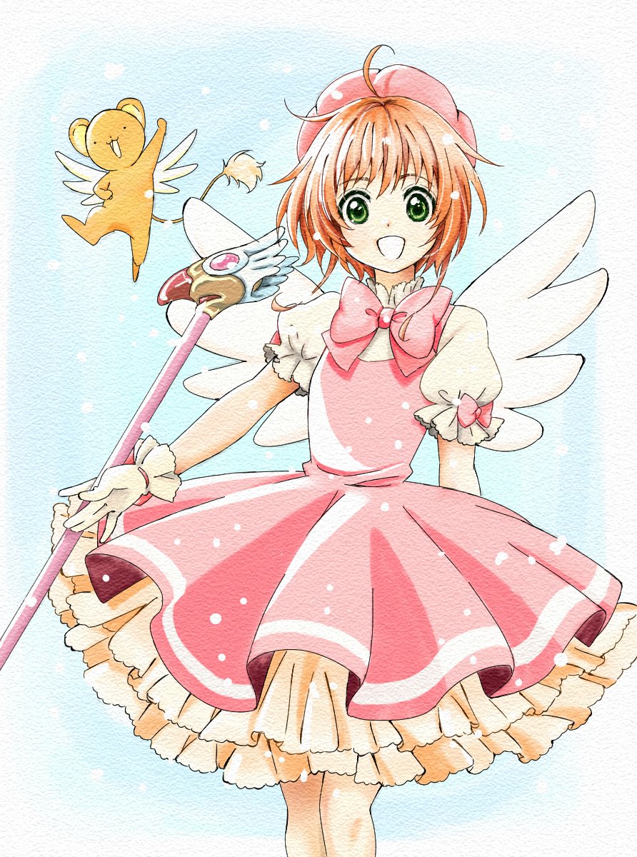 1girl bow bowtie brown_eyes cardcaptor_sakura dress green_eyes highres holding holding_wand kero kinomoto_sakura looking_at_viewer magical_girl open_mouth pink_bow pink_bowtie pink_dress pink_headwear short_hair smile solo takahashi_mizuki wand wings