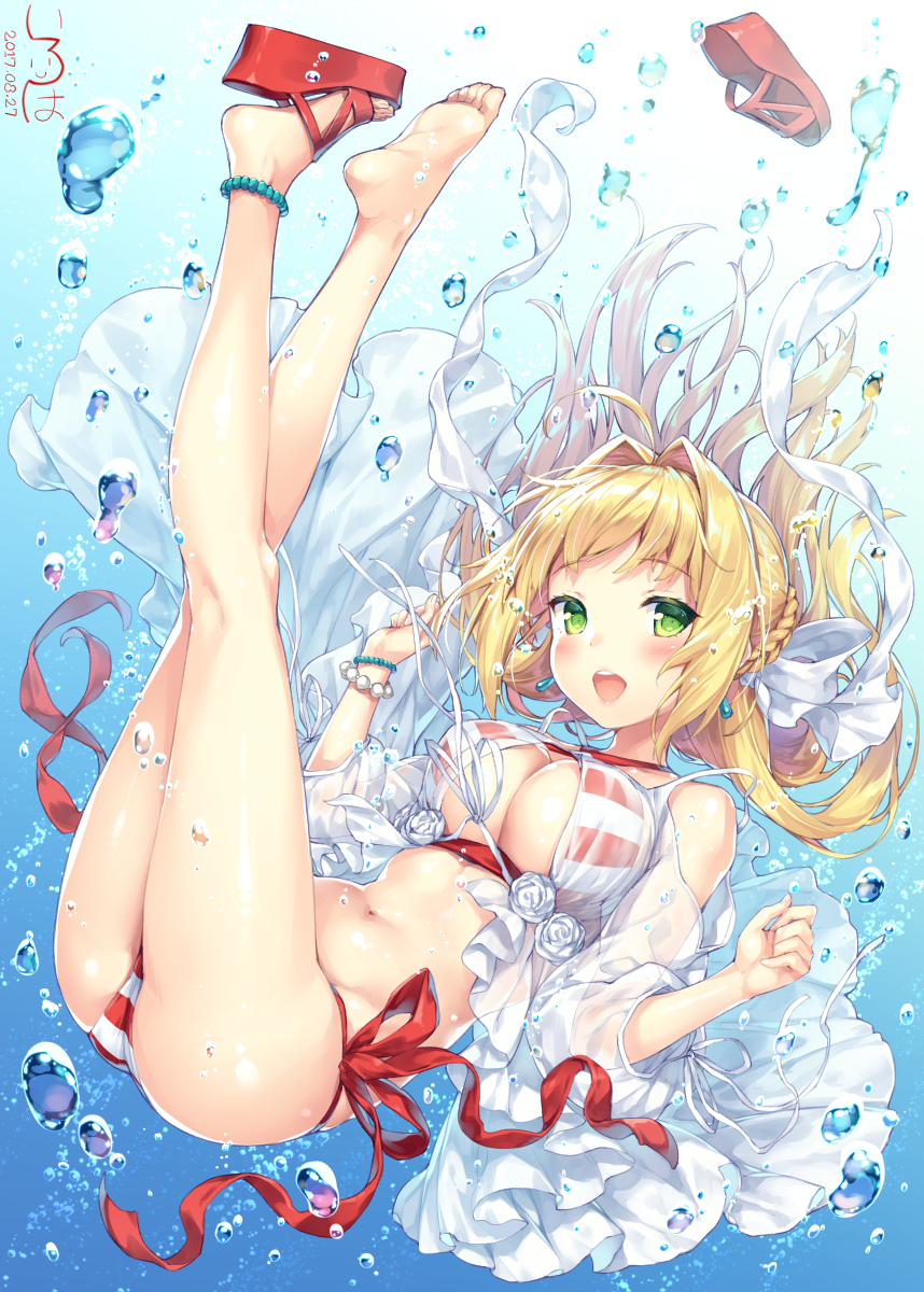 :d ahoge air_bubble artist_name ass barefoot bikini blonde_hair blush bracelet braid breasts bubble cleavage criss-cross_halter crossed_legs dated earrings fate/grand_order fate_(series) front-tie_top full_body green_eyes hair_intakes halterneck highres jewelry kirisame_iroha large_breasts legs_up long_hair navel nero_claudius_(fate)_(all) nero_claudius_(swimsuit_caster)_(fate) open_mouth sandals see-through side-tie_bikini single_sandal smile solo striped striped_bikini submerged swimsuit underboob underwater