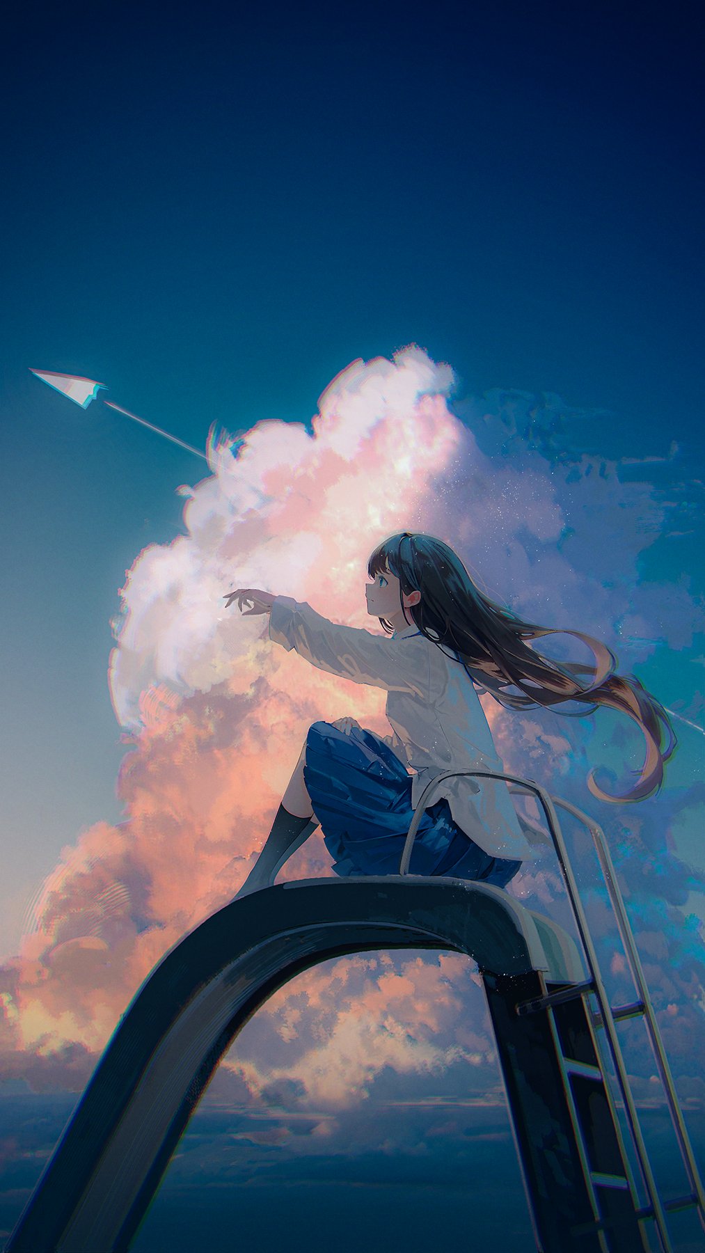 1girl black_socks blue_eyes blue_skirt blue_sky brown_hair chocoshi closed_mouth cloud commentary_request contrail cumulonimbus_cloud floating_hair from_side highres kneehighs knees_up long_hair long_sleeves looking_up original outdoors outstretched_arm paper_airplane pleated_skirt profile school_uniform shirt sitting skirt sky slide socks solo untucked_shirt very_long_hair white_shirt