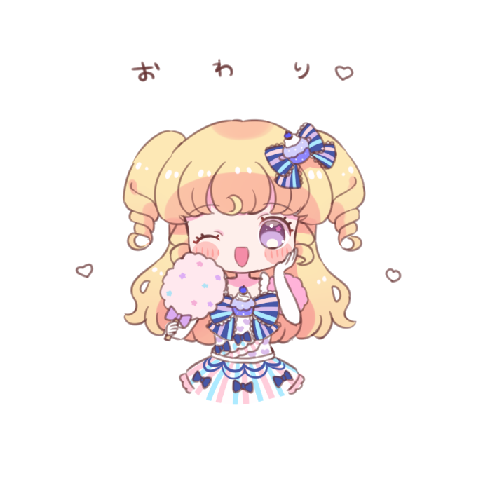 1girl ;d blonde_hair blue_bow blue_dress blush bow chibi cotton_candy cropped_legs dress food hair_bow hand_on_own_cheek hand_on_own_face holding holding_food hoshikuzu_(pinkholic) idol_clothes idol_time_pripara long_hair looking_at_viewer one_eye_closed open_mouth pretty_series pripara purple_eyes ringlets simple_background smile solo star_(symbol) two_side_up white_background yumekawa_yui