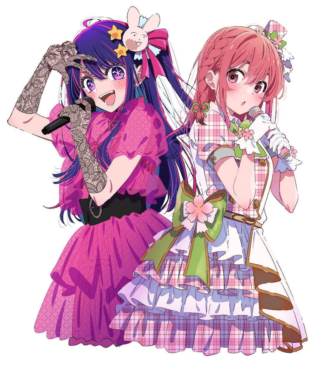 2girls belt black_belt blush bow braid commentary cropped_legs elbow_gloves gloves green_bow hair_ornament hashtag_only_commentary hat highres hirayama_kanna holding holding_microphone hoshino_ai_(oshi_no_ko) idol idol_clothes kanojo_okarishimasu long_hair looking_at_viewer microphone mini_hat multiple_girls one_side_up open_mouth oshi_no_ko pink_hair puffy_short_sleeves puffy_sleeves purple_eyes purple_hair rabbit_hair_ornament sakurasawa_sumi see-through see-through_sleeves short_sleeves side_braid sidelocks simple_background star-shaped_pupils star_(symbol) star_hair_ornament symbol-shaped_pupils takahashi_rie teeth unmoving_pattern upper_body voice_actor_connection white_background white_gloves