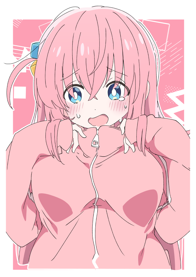 1girl blue_eyes blush bocchi_the_rock! breasts cube_hair_ornament gotoh_hitori hair_between_eyes hair_ornament ixy jacket large_breasts long_hair long_sleeves looking_at_viewer one_side_up open_mouth pink_hair pink_jacket solo track_jacket upper_body