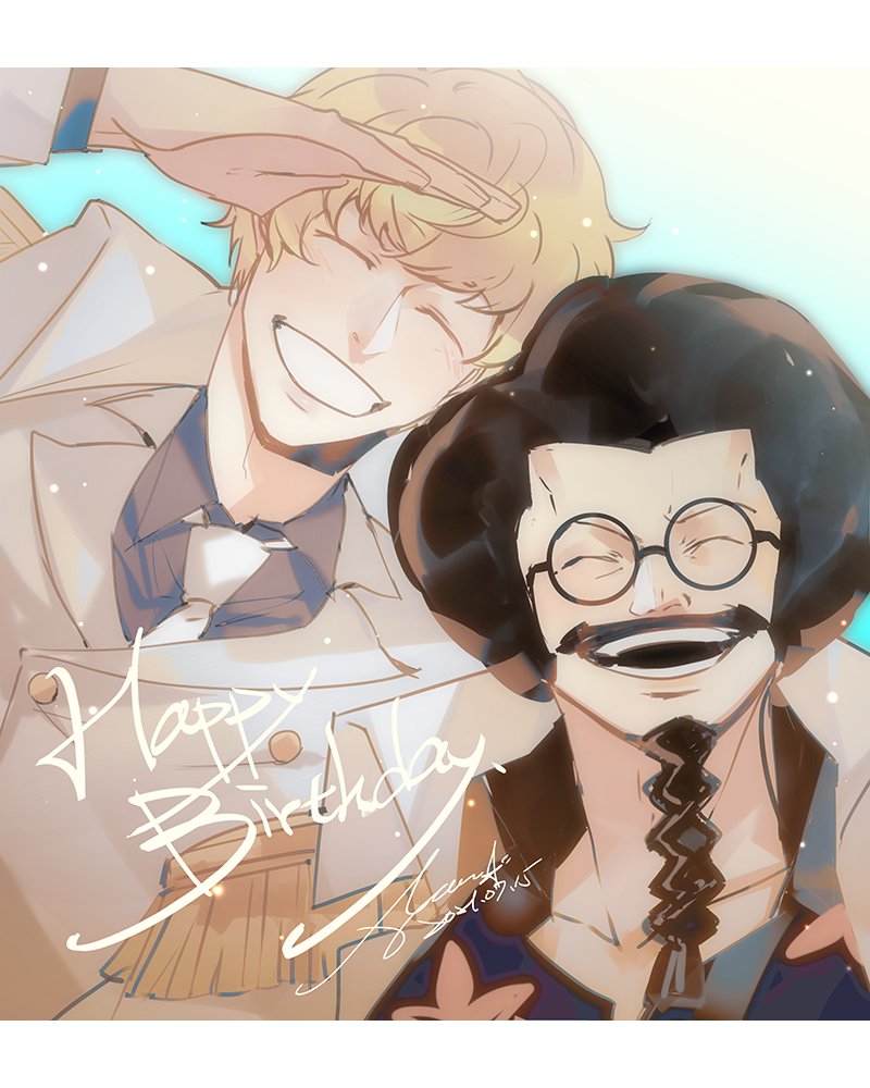 2boys afro beard black_hair blonde_hair braid braided_beard chinese_commentary closed_eyes commentary_request dated donquixote_rocinante emase_(foxmoon) english_text facial_hair glasses happy_birthday male_focus multiple_boys mustache necktie one_piece open_mouth round_eyewear sengoku_(one_piece) short_hair signature smile teeth