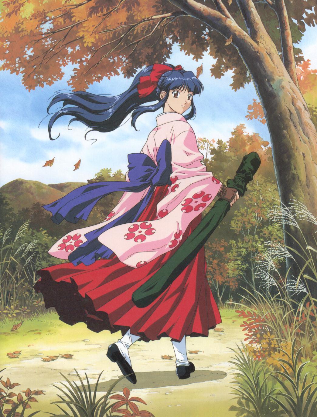 1girl artist_request autumn_leaves black_footwear black_hair bow brown_eyes brown_gloves clothes cloud day dress fingerless_gloves floating_hair floral_print full_body gloves grass hair_bow hakama high_heels highres holding japanese_clothes katana kimono leaf long_hair looking_at_viewer looking_back mountain nature official_art ornament outdoors pink_kimono ponytail pumps red_bow red_hakama ribbon sakura_taisen shinguuji_sakura shoes skirt sky smile solo sword tree walking weapon