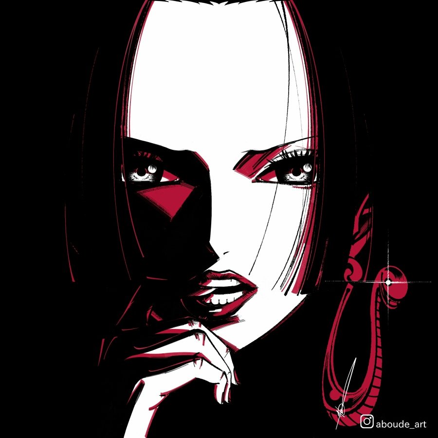 1girl aboude_art artist_name boa_hancock commentary earrings english_commentary finger_to_mouth glint instagram_logo instagram_username jewelry limited_palette looking_at_viewer one_piece open_mouth red_lips signature snake_earrings solo teeth