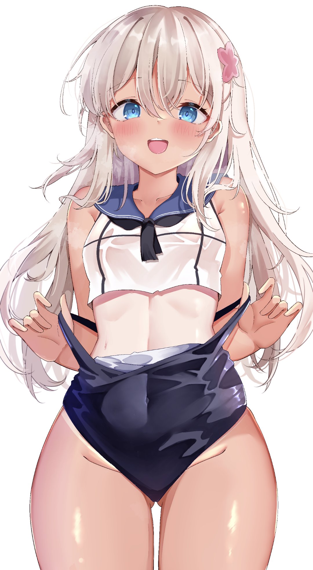 1girl blonde_hair blue_eyes blush breasts calin clothes_pull crop_top flower hair_flower hair_ornament highres kantai_collection long_hair looking_at_viewer one-piece_swimsuit one-piece_swimsuit_pull one-piece_tan open_mouth ro-500_(kancolle) sailor_collar school_swimsuit smile solo swimsuit swimsuit_under_clothes tan tanlines white_background