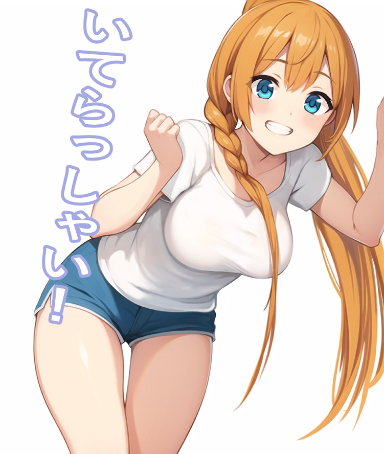 1girl aqua_eyes braid breasts casual collarbone commentary_request hair_between_eyes large_breasts long_hair looking_at_viewer orange_hair pecorine_(princess_connect!) ponytail princess_connect! sa_(nax49) shirt short_shorts short_sleeves shorts single_braid solo t-shirt translation_request very_long_hair white_background