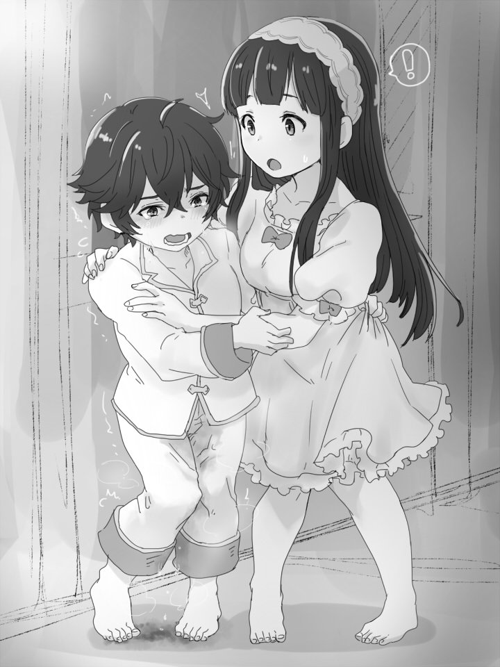 1boy 1girl @@@ ayer barefoot blush brother_and_sister child granblue_fantasy greyscale jessica_(granblue_fantasy) knees_together_feet_apart long_hair monochrome pajamas pee_stain short_hair siblings spoken_exclamation_mark trembling younger