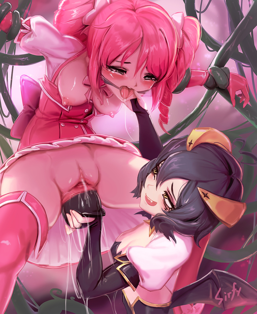 2girls artist_name black_hair breasts butt_plug censored clitoris commentary_request dress drill_hair elbow_gloves english_commentary gloves hanabishi_haruka happy hiiragi_utena long_hair looking_at_another magia_baiser magia_magenta magical_girl mahou_shoujo_ni_akogarete multiple_girls nipples object_insertion open_mouth pink_dress pink_hair pussy sex_toy short_hair signature sirfy small_breasts smile twin_drills twintails yellow_eyes