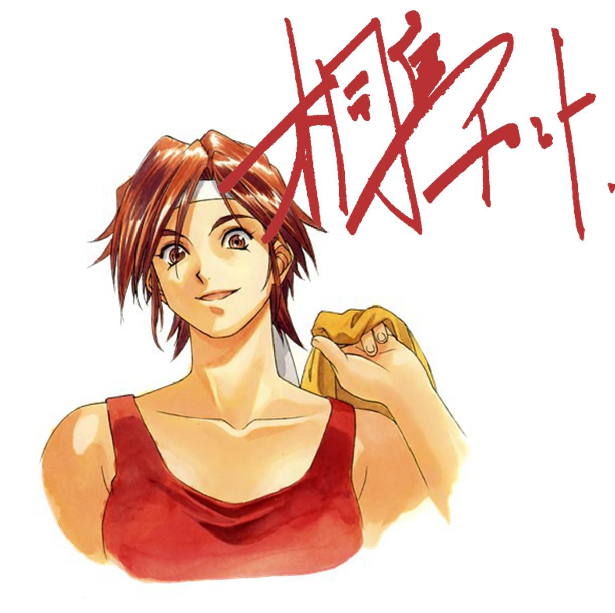 1girl bare_shoulders brown_eyes character_name chin collarbone headband highres holding holding_clothes holding_jacket jacket kirishima_kanna light_brown_hair looking_at_viewer neck nose official_art open_mouth orange_jacket red_tank_top sakura_taisen short_hair signature simple_background smile solo solo_focus tank_top traditional_media very_short_hair white_background white_headband