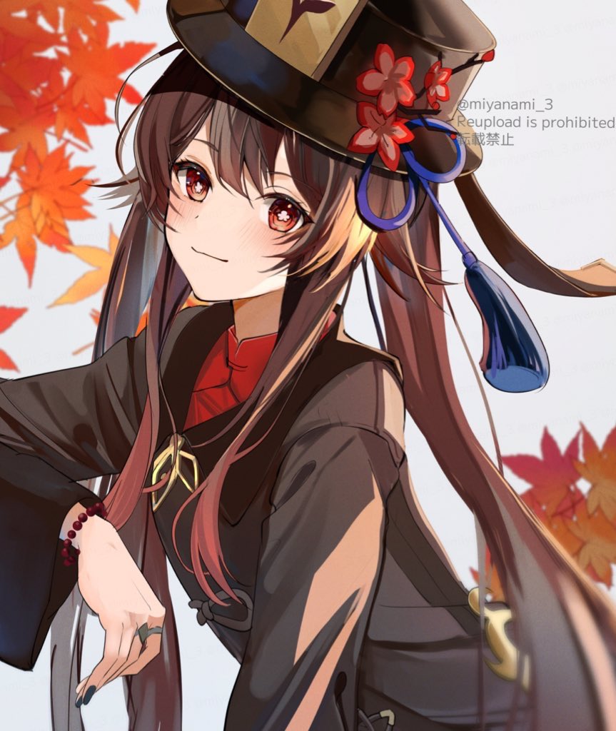 1girl black_nails blush brown_coat brown_hair closed_mouth coat flower flower-shaped_pupils genshin_impact hair_between_eyes hat hat_flower hu_tao_(genshin_impact) long_hair long_sleeves looking_at_viewer miyanami_3 red_eyes smile solo symbol-shaped_pupils tassel very_long_hair