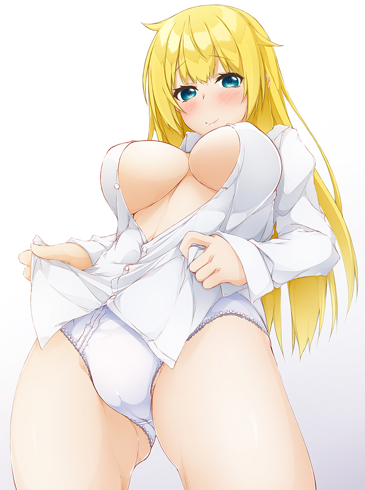 1girl ass_visible_through_thighs blonde_hair blue_eyes blush breasts clothes_pull collared_shirt commentary_request eyebrows_hidden_by_hair feet_out_of_frame groin hair_between_eyes hinata_masaki large_breasts lips long_hair looking_down naked_shirt no_bra panties partially_unbuttoned pulled_by_self rit_(shin_no_nakama) shin_no_nakama_janai_to_yuusha_no_party_wo_oidasareta_no_de_henkyou_de_slow_life_suru_koto_ni_shimashita shirt shirt_pull simple_background smile solo underboob underwear white_background white_panties white_shirt