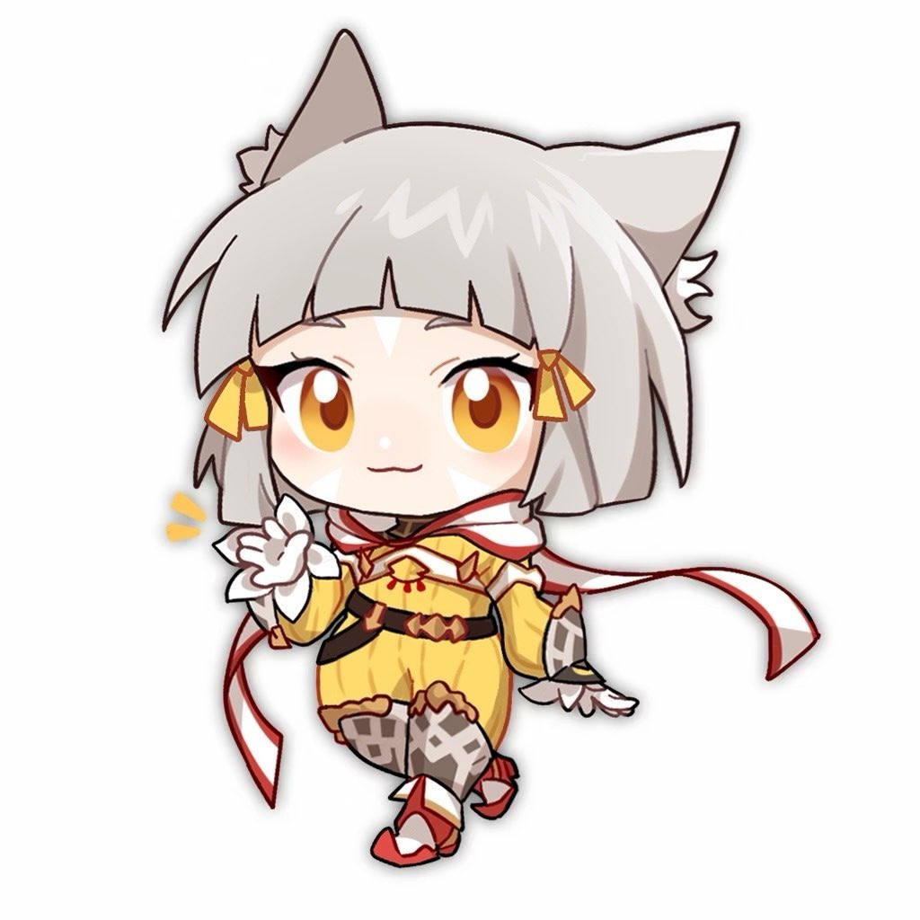 1girl :3 animal_ear_fluff animal_ears boots chibi closed_mouth commentary facial_mark full_body gloves grey_hair hair_ribbon hand_up jumpsuit long_sleeves looking_at_viewer luliko253 nia_(xenoblade) notice_lines orange_eyes puffy_long_sleeves puffy_sleeves red_footwear ribbon short_hair simple_background sleeves_past_wrists solo white_background white_gloves xenoblade_chronicles_(series) xenoblade_chronicles_2 yellow_jumpsuit yellow_ribbon