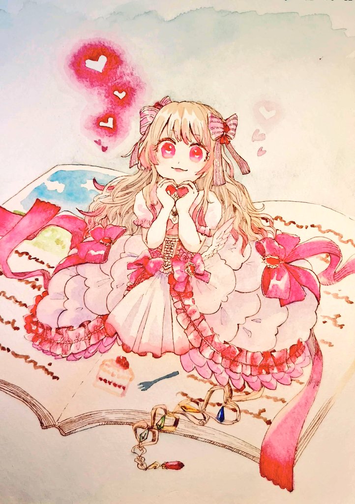 1girl blonde_hair book chaos_marie_(grimms_notes) dress fork frills gradient_hair grimms_notes hair_ribbon heart heart-shaped_pupils heart_hands jewelry long_hair m_starff multicolored_hair pendant pink_eyes puffy_short_sleeves puffy_sleeves ribbon short_sleeves sitting smile solo symbol-shaped_pupils wings