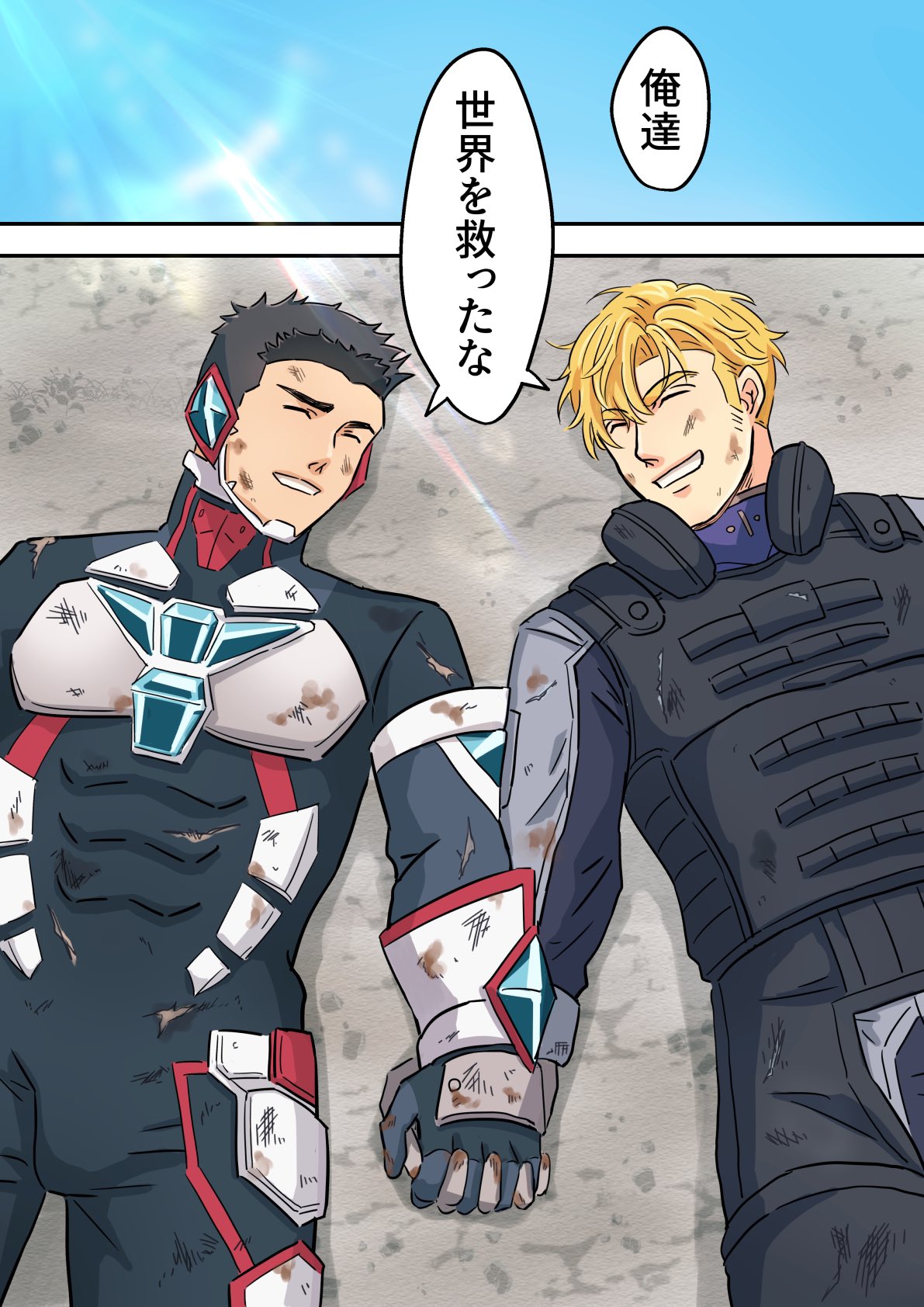 2boys ao_isami bara black_bodysuit black_hair blonde_hair bodysuit bulge couple cowboy_shot facial_hair facing_another grin highres holding_hands interlocked_fingers lewis_smith male_focus multiple_boys naalseaka shared_food sideburns_stubble smile stubble thick_eyebrows torn_bodysuit torn_clothes yaoi yuuki_bakuhatsu_bang_bravern