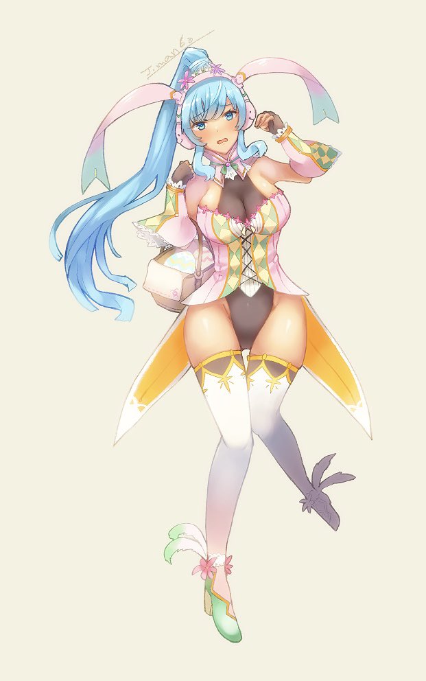 1girl animal_ears blue_eyes blue_hair breasts cleavage easter easter_egg egg fake_animal_ears full_body gloves large_breasts leotard long_hair looking_at_viewer marielle_l._kenny open_mouth playboy_bunny rabbit_ears simple_background solo star_ocean star_ocean_the_divine_force thighhighs trutsmn very_long_hair white_background white_thighhighs