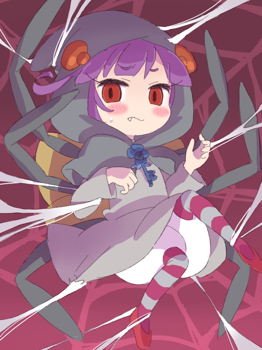 1girl arthropod_girl arthropod_limbs blunt_bangs blush commentary_request dress fairy_wings fang frown full_body grey_dress highres hood hood_up ikzw key looking_at_viewer purple_hair red_background red_eyes red_footwear rilu_rilu_fairilu shoes silk solo spider_(fairilu) spider_girl spider_web sweatdrop wings