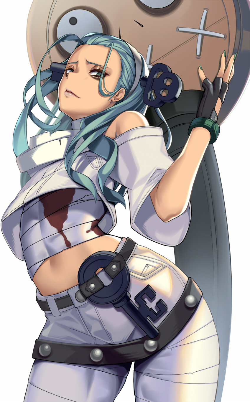 1girl a.b.a aqua_nails bags_under_eyes bandaged_neck bandages bare_shoulders black_gloves blood blood_on_bandages blood_on_clothes fingerless_gloves gloves green_eyes green_hair guilty_gear guilty_gear_strive highres key key_in_head long_hair looking_at_viewer navel object_through_head paracelsus_(guilty_gear) short_sleeves stitched_mouth stitches takanashi-a