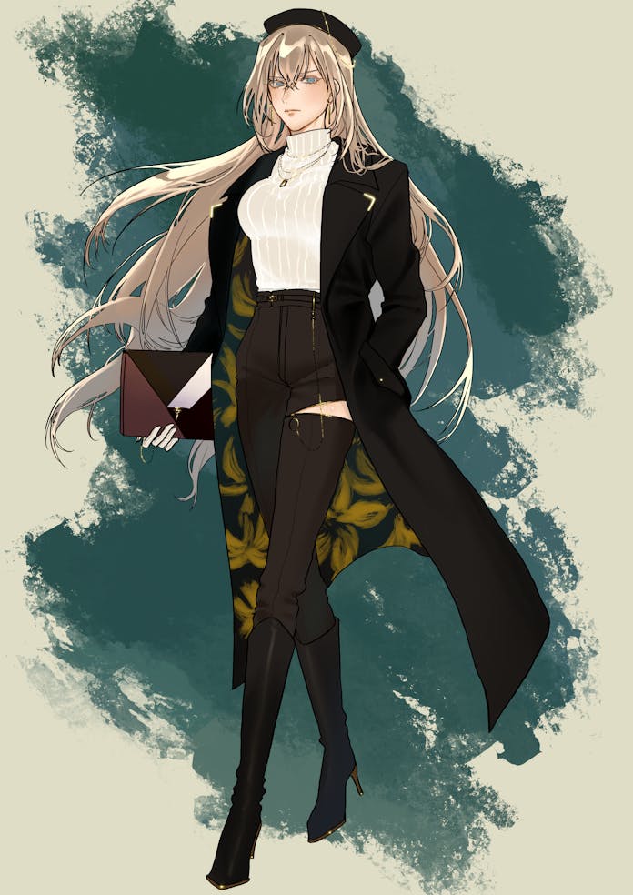 1girl alternate_costume aupt31 bismarck_(kancolle) black_coat black_footwear black_hat blonde_hair blue_eyes boots breasts closed_mouth coat commission crossed_legs english_commentary full_body hat high_heel_boots high_heels holding jewelry kantai_collection long_hair long_sleeves looking_at_viewer medium_breasts necklace open_clothes open_coat pants ribbed_sweater simple_background skeb_commission solo standing sweater torn_clothes turtleneck turtleneck_sweater very_long_hair watson_cross white_sweater