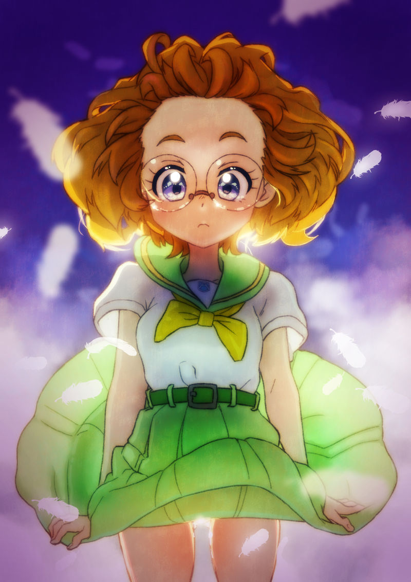 1girl belt brown_hair ei_(eikun) feathers glasses green_skirt ichinose_minori looking_down precure purple_eyes round_eyewear sailor_collar short_hair skirt solo tropical-rouge!_precure wind wind_lift