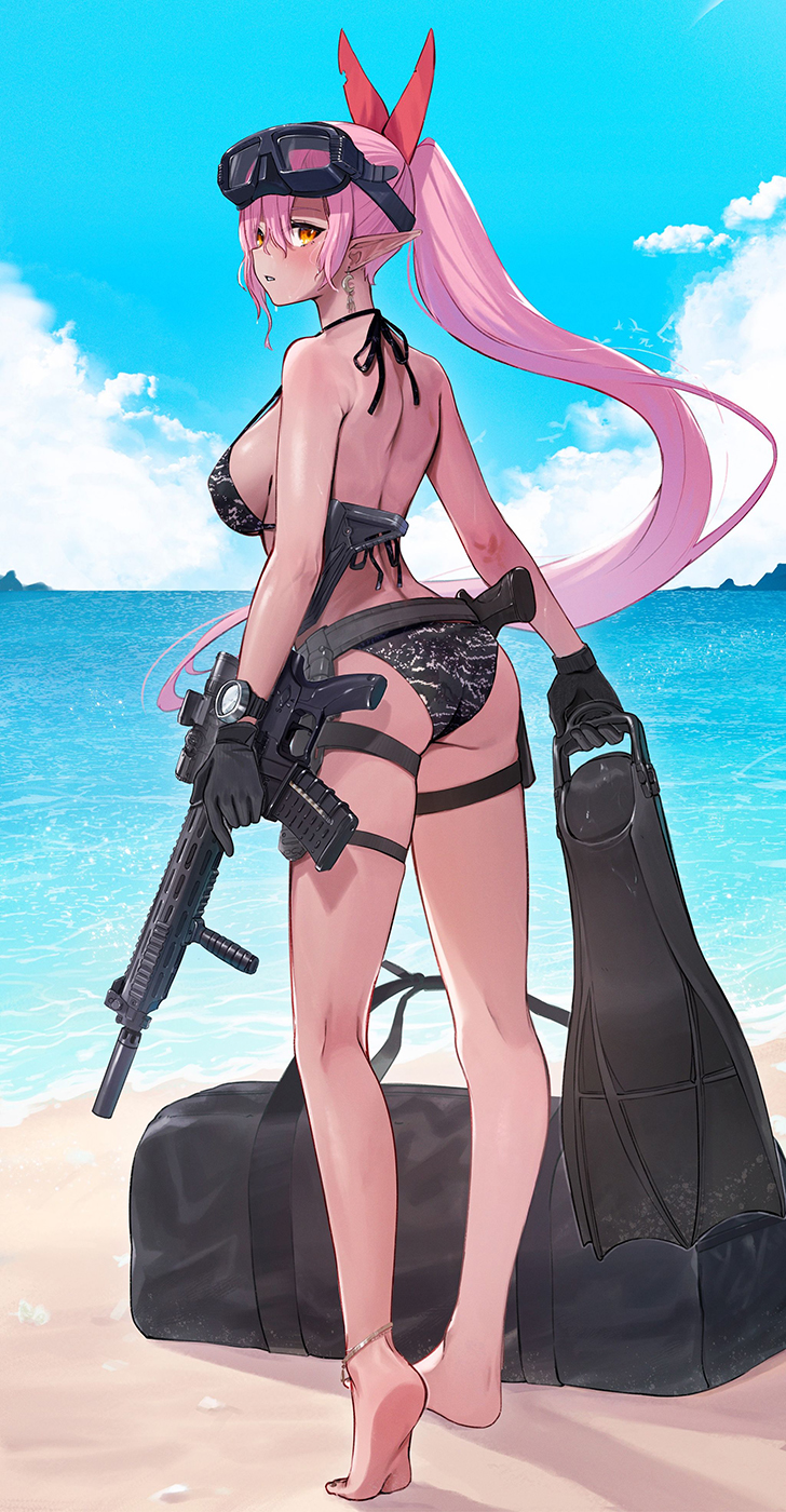 anklet ass assault_rifle bag barefoot beach bikini black_bag black_bikini blue_sky breasts cleavage cloud commentary_request crescent crescent_earrings day duffel_bag earrings goggles goggles_on_head gun handgun highres holding holding_flippers holding_gun holding_weapon jewelry large_breasts long_hair looking_back original pink_hair pointy_ears ponytail ranyu red_ribbon ribbon rifle sand sky swimsuit very_long_hair watch water weapon weapon_request wristwatch yellow_eyes