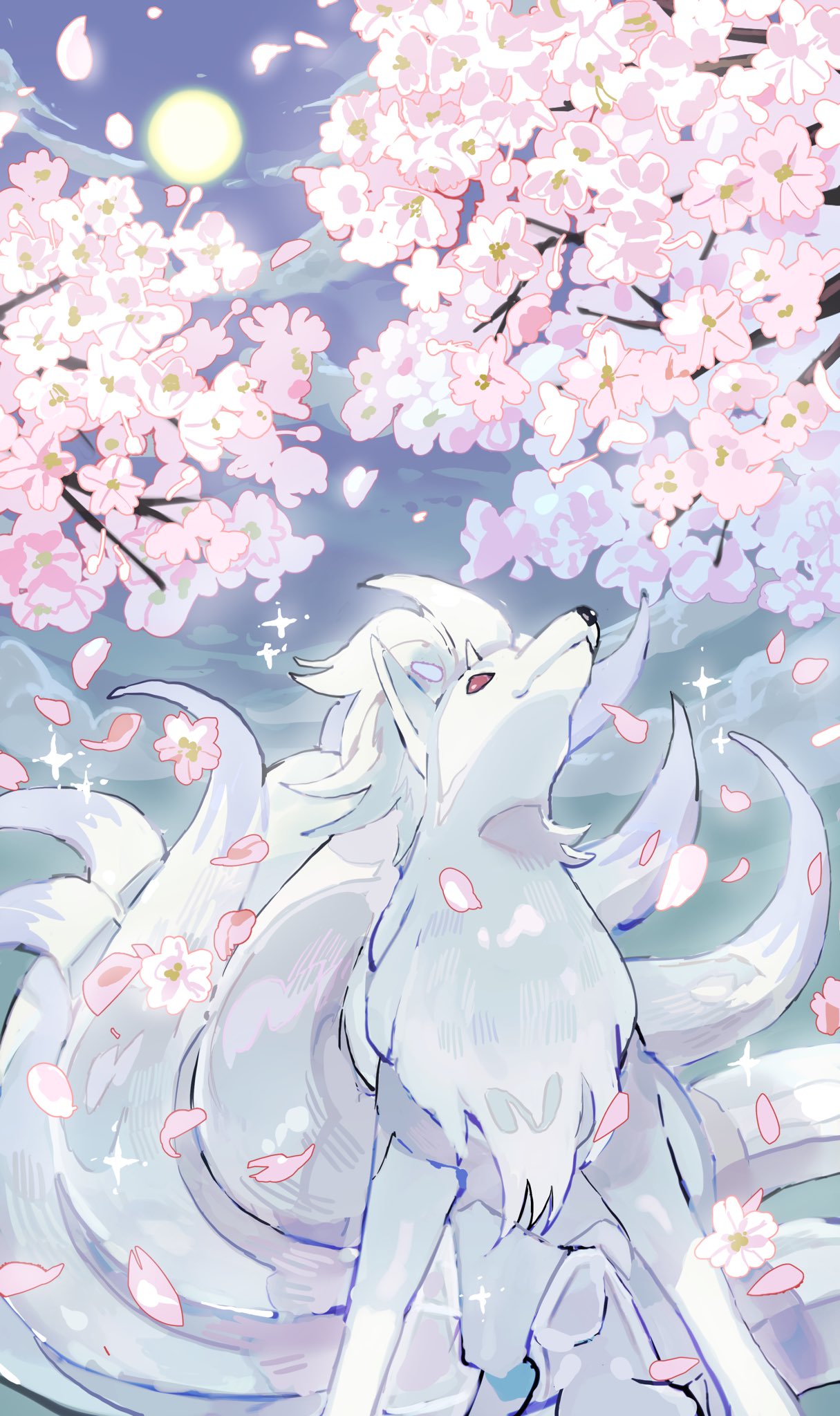 aisutabetao alternate_color animal animal_focus cherry_blossoms closed_mouth falling_petals fox grey_fur highres ninetales no_humans outdoors petals pokemon pokemon_(creature) red_eyes shiny_pokemon sky solo standing tree