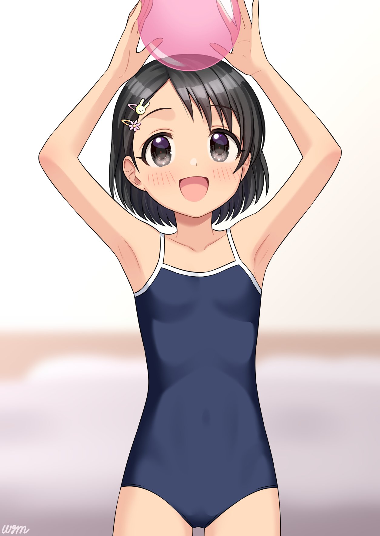 1girl armpits arms_up ball bare_shoulders black_eyes black_hair blue_one-piece_swimsuit blurry blurry_background blush breasts collarbone covered_navel cowboy_shot dot_nose hair_ornament hairclip highres holding holding_ball idolmaster idolmaster_cinderella_girls idolmaster_cinderella_girls_starlight_stage looking_at_viewer one-piece_swimsuit open_mouth rabbit_hair_ornament sasaki_chie school_swimsuit short_hair signature small_breasts smile solo standing swimsuit wgm_oekaki