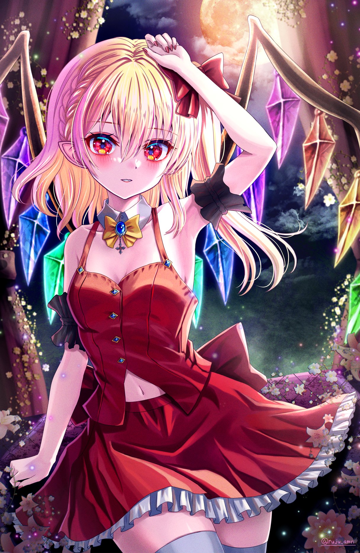 1girl adapted_costume arm_at_side arm_cuffs arm_up armpits bare_shoulders blonde_hair blue_gemstone blush bow bowtie braid breasts cleavage commentary_request cowboy_shot cross crystal detached_collar eyelashes eyeshadow flandre_scarlet flower frilled_skirt frills full_moon gem hair_between_eyes hair_bow highres indoors light_particles lips looking_at_viewer makeup medium_hair miniskirt moon nail_polish navel night orange_moon parted_lips pink_flower pointy_ears red_bow red_eyes red_nails red_shirt red_skirt rouge_(my_rouge) shirt side_braid side_ponytail skirt sleeveless sleeveless_shirt small_breasts solo spaghetti_strap thighhighs touhou twitter_username white_thighhighs wings yellow_bow yellow_bowtie zettai_ryouiki