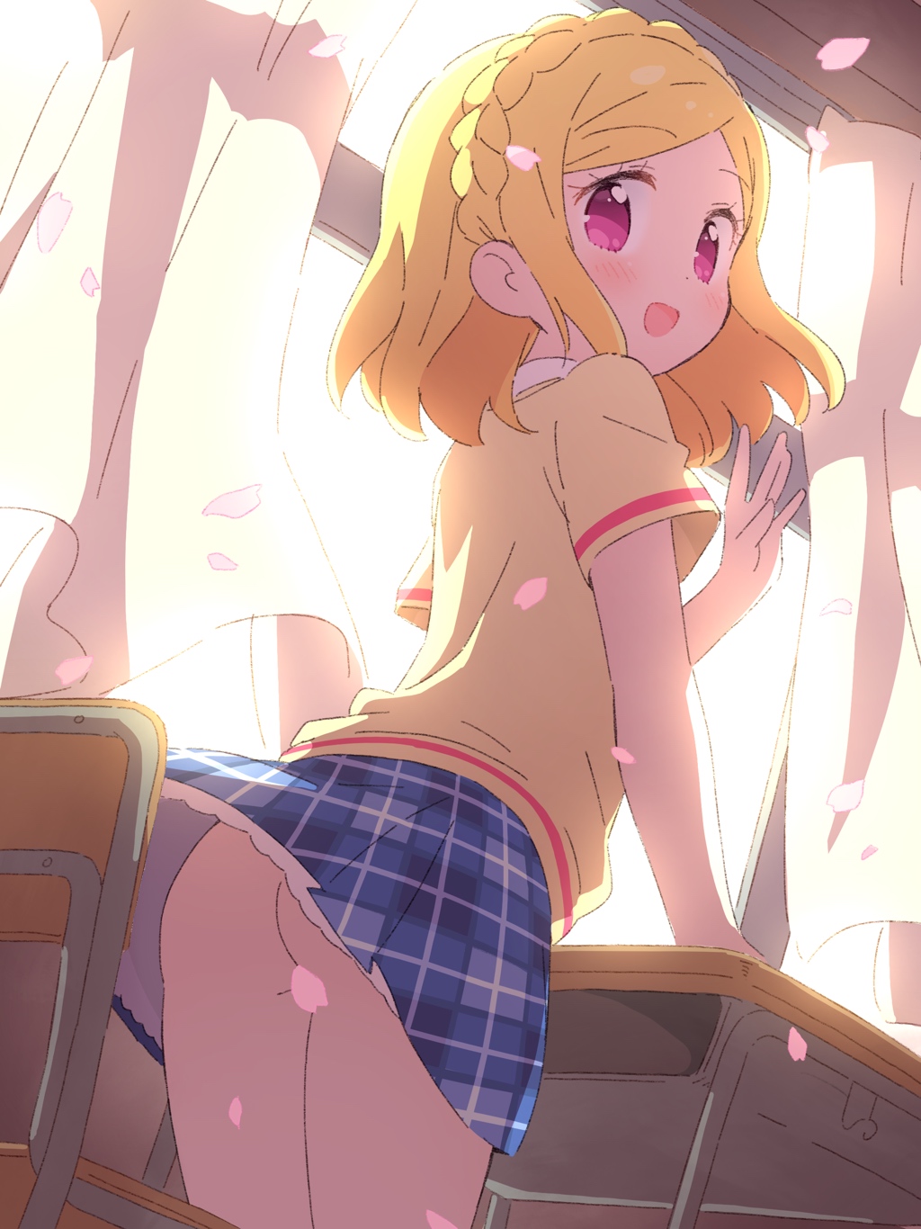 1girl :d accidental_exposure ass backlighting bad_id bad_pixiv_id blonde_hair blue_skirt braid chair classroom clothes_lift commentary_request crown_braid curtains desk falling_petals from_behind hand_up highres ikzw indoors looking_at_viewer looking_back midorikaze_fuwari miniskirt no_panties open_mouth paprika_private_academy_school_uniform petals plaid plaid_skirt pleated_skirt pretty_series pripara purple_eyes school_chair school_desk school_uniform short_hair short_sleeves skirt skirt_lift smile solo standing swept_bangs vest wind wind_lift window yellow_vest
