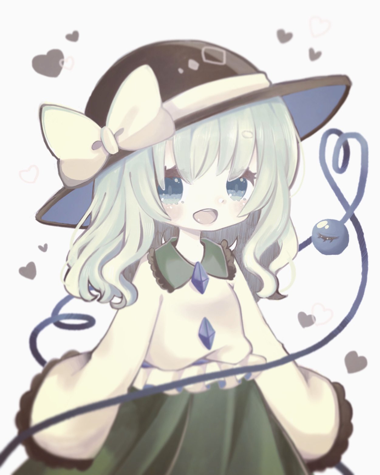 1girl blouse bow buttons diamond_button frilled_shirt_collar frilled_sleeves frills green_eyes green_hair green_skirt hat hat_bow highres komeiji_koishi mike_(mikeneko) open_mouth ribbon shirt skirt solo teeth touhou upper_body upper_teeth_only white_background wide_sleeves yellow_bow yellow_ribbon yellow_shirt