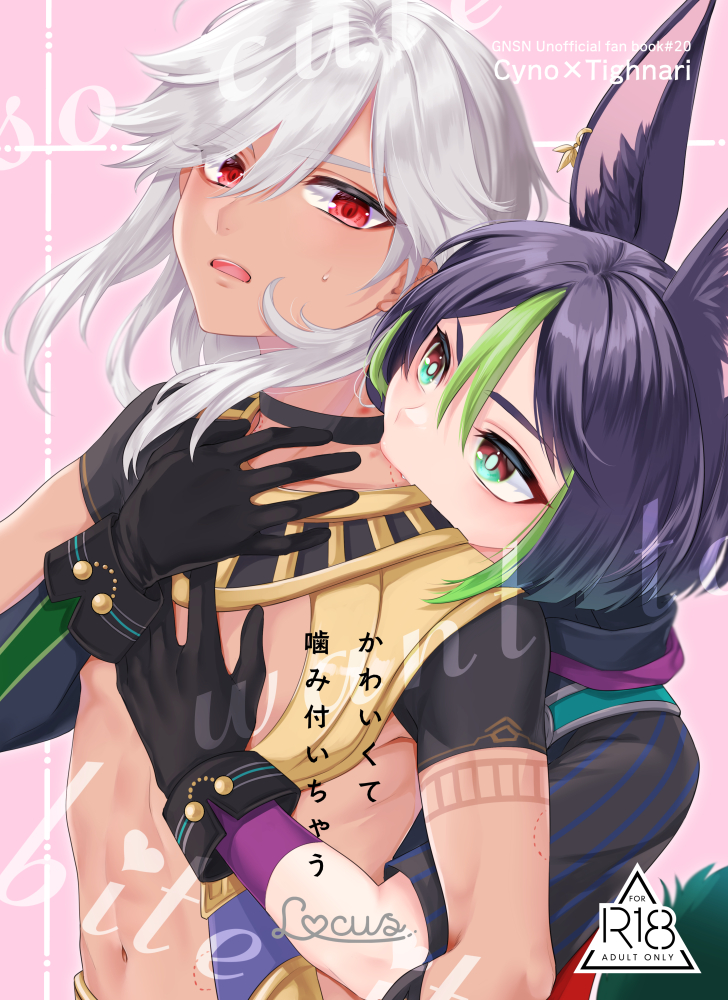 2boys animal_ears black_gloves black_hair blush cover cover_page cyno_(genshin_impact) dark-skinned_male dark_skin doujin_cover fox_boy fox_ears fox_tail genshin_impact gloves green_eyes green_hair green_tail hair_between_eyes hug hug_from_behind kisekisaki long_hair male_focus multicolored_hair multiple_boys navel novel_cover open_mouth red_eyes short_hair stomach streaked_hair tail tighnari_(genshin_impact) white_hair yaoi