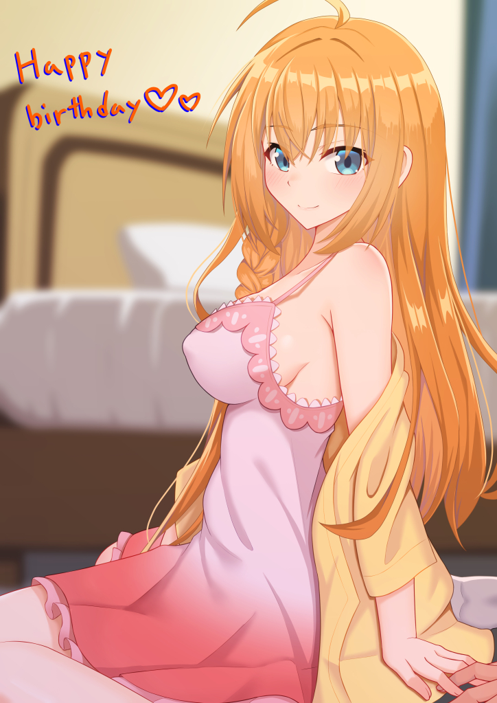 1girl 1other ahoge bare_shoulders bed blue_eyes blurry blurry_background braid breasts closed_mouth commentary_request covered_nipples depth_of_field dress frilled_dress frills from_side hair_between_eyes happy_birthday indoors iseshi jacket long_hair long_sleeves looking_at_viewer looking_to_the_side medium_breasts off_shoulder open_clothes open_jacket orange_hair pecorine_(princess_connect!) pillow pink_dress princess_connect! single_braid sitting sleeveless sleeveless_dress smile solo_focus very_long_hair wariza yellow_jacket