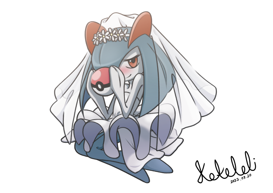 alternate_color blue_hair blush bridal_veil colored_skin dress flower_wreath hair_over_one_eye holding holding_poke_ball kirlia kokololi looking_at_viewer multicolored_skin pink_eyes poke_ball pokemon pokemon_(creature) shiny_pokemon sidelocks signature simple_background smile two-tone_skin veil wedding_dress white_background