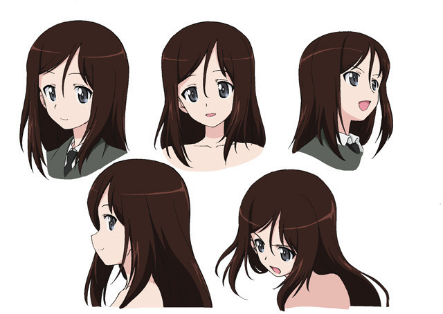 1girl black_necktie blue_eyes brown_hair closed_mouth collarbone concept_art from_above from_side girls_und_panzer hair_between_eyes long_hair megumi_(girls_und_panzer) multiple_views necktie official_art open_mouth selection_university_military_uniform shirt simple_background swept_bangs white_background white_shirt